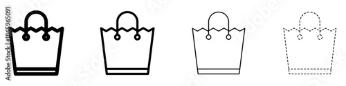 Shopping bag icon. Pictogram of a bag or package with handles and a zigzag top edge: outline lines and dashed line. Four style variations. Vector illustration.