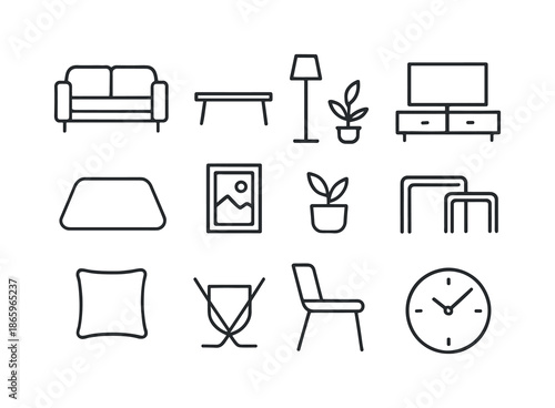Minimalist Living Room Icons. Minimalist Living Room. Line icon set of Minimalist Living Room: sofa, coffee table, floor lamp, TV stand, simple rug, framed