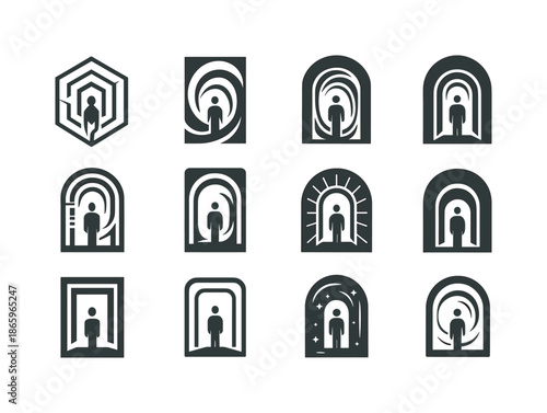 Time Travel Logos. Teleportation and time travel concepts. Icon set. Set Logo of Teleportation and time travel concepts: time gateway frame. harmonious logo