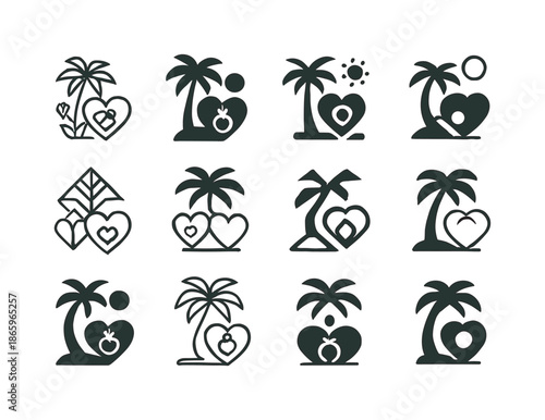 Romantic Getaway Icons. Engagement on vacation. Icon set. Set Logo of engagement on vacation: romantic getaway symbol. harmonious logo variations of the same