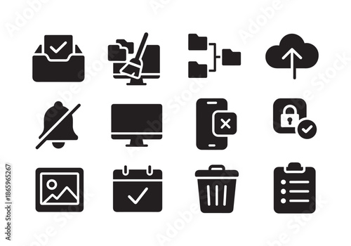 Digital Declutter Icons. Digital declutter. Solid icon set of Digital declutter: inbox zero, file cleanup, folder structure, cloud backup, notification mute,