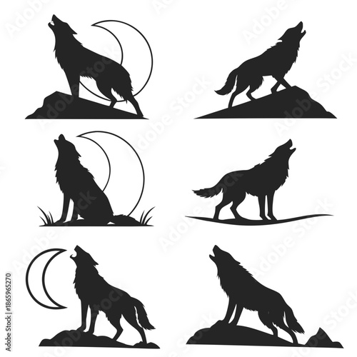 Wolf silhouettes howling at the moon