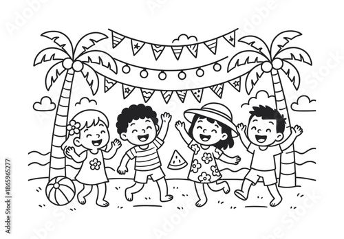 Beach Party Coloring. Summer beach party with holiday-themed decorations children?s coloring book illustration, outlined drawing, cheerful cartoon kids dancing