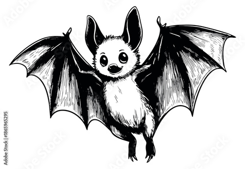 Hand drawn line art illustration of a cute bat depicting flying with its wings spread for halloween designs or wildlife themes