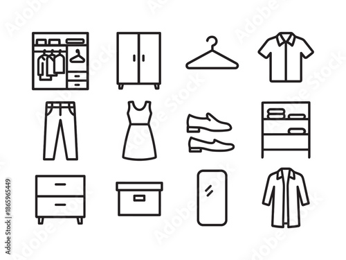 Closet Icon Set. Closet. Line icon set of Closet: open closet, closed closet, hanger, shirt, pants, dress, shoes, shelf, drawer, box, mirror, coat. All outline