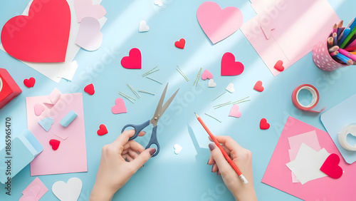 Hands cutting out paper hearts for valentine's day craft