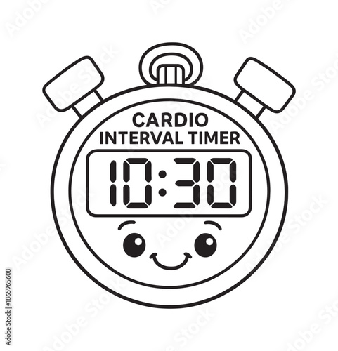 Smiling Stopwatch Coloring Page. Cardio interval timer children?s coloring book illustration, outlined drawing, a simple cartoon stopwatch with big buttons and