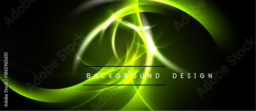 Bright green energy flows, curves, swirls over dark background. Text reads background design. Modern abstract visual.