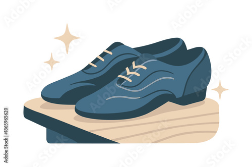 Stylish Jazz Shoes. Jazz shoes on stage. Soft jazz shoes rest at the edge of a wooden platform, curved accent lines showing smooth style. Warm spark shapes add