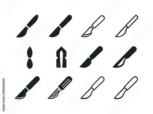 Sharp Tools Icons. Sharp tools. Icon set. Set Logo of sharp tools: scalpel. harmonious logo variations of the same emblematic concept, each with different