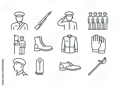 Honor Guard Icons. Honor guard line. Line icon set of Honor guard line: honor guard soldier, ceremonial rifle, military salute, formation line, flag bearer,