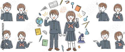 制服姿の学生男女と文房具のイラストセット　表情・ポーズのバリエーション