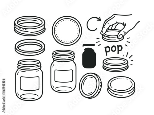 Mason Jar Lid Elements. Mason jar lid. Hand-drawn doodle illustration Mason jar lid round lid, screw threads, sealing ring, rubber gasket, open jar, closed