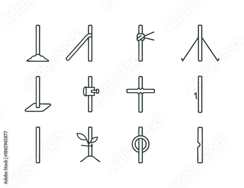 Support Stake Icons. Support stake. Line icon set of support stake: support pole, brace bar, rope tie, tension lines, ground base, clamp, connector piece,