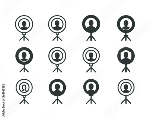 Studio Portrait Icon Set. Taking portraits in a studio. Icon set. Set Logo of Taking portraits in a studio: ring light. harmonious logo variations of the same