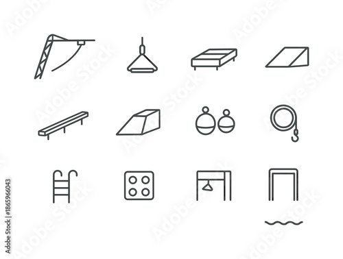 Wake Park Icon Set. Wake park equipment. Line icon set of Wake park equipment: cable tower, cable carrier, starting dock, kicker ramp, slider rail, funbox,