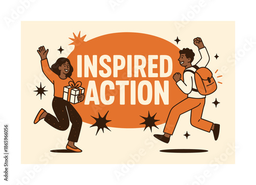 Energetic Action Banner. Inspired Action banner, flat vector illustration, bold oversized text inside rounded blob banner, cartoon characters dancing