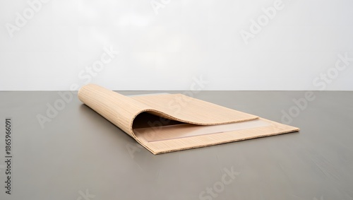Cardboard sheet rolled and placed on a gray surface