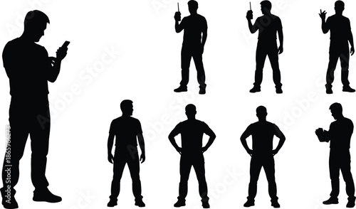 Male worker silhouette set using walkie talkie and smartphone, standing poses, communication concept, black vector icons isolated white background