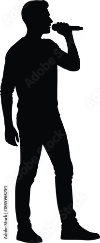 Male singer silhouette performing with microphone, standing vocal performance pose, music concert concept isolated on white background illustration