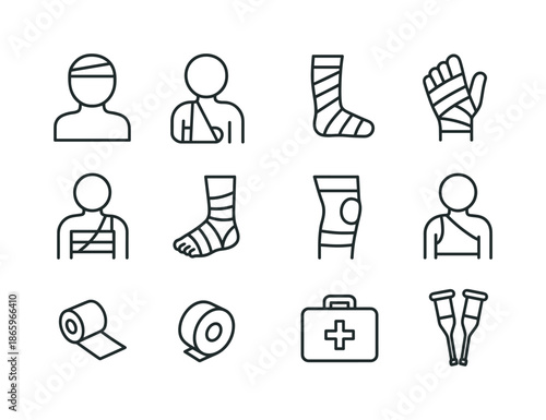 Medical Icon Set. Bandaged body. Line icon set of Bandaged body: head bandage, arm sling, leg cast, hand wrap, chest bandage, foot bandage, knee brace,