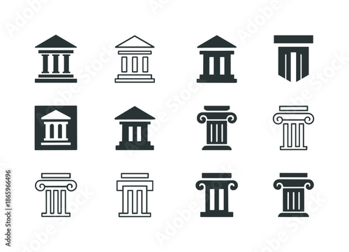 Liability Logo Variations. Liability. Icon set. Set Logo of Liability: courthouse column. harmonious logo variations of the same emblematic concept, each with