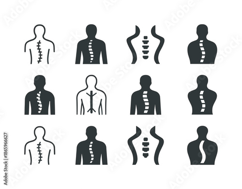 Postural Alignment Icons. Postural alignment. Icon set. Set Logo of Postural alignment: spinal column. harmonious logo variations of the same emblematic