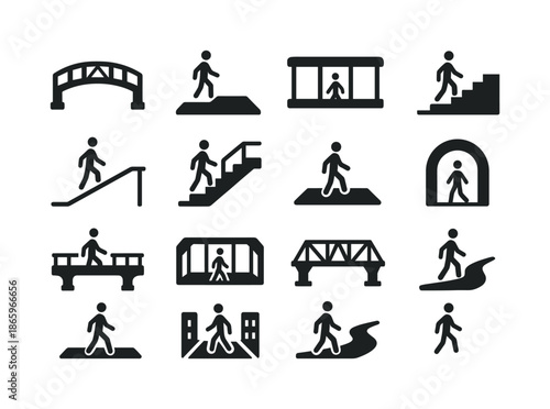 Pedestrian Icons Grid. Pedestrian structures. Solid icon set of Pedestrian structures: footbridge, raised crosswalk, skywalk icon, ramp icon, staircase