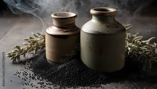 Ceramic jars with coffee beans and herbs on table