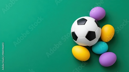 Soccer ball surrounded by colorful Easter eggs on a vibrant green background, creating a playful and festive atmosphere for spring celebrations and sports activities