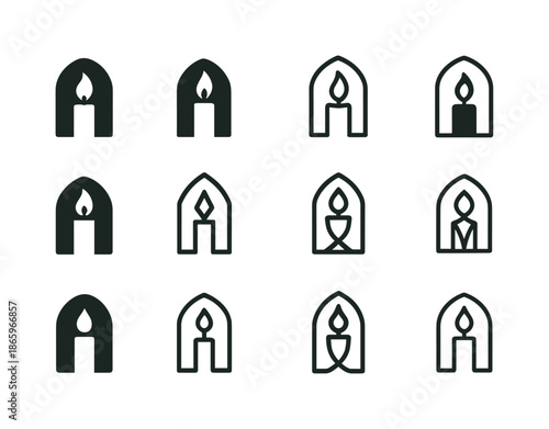 Catholic Charities Icon Grid. Catholic charities. Icon set. Set Logo of Catholic charities: candle of faith. harmonious logo variations of the same emblematic