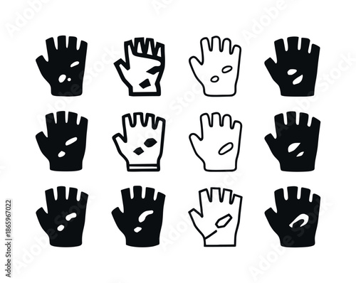 Worn Gloves Icon Set. Worn gloves. Icon set. Set Logo of worn gloves: ripped fingerless glove. harmonious logo variations of the same emblematic concept, each