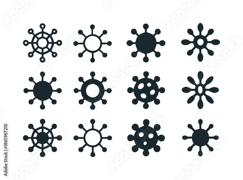 Microorganism Logo Variations. Microorganism. Icon set. Set Logo of Microorganism: virus structure. harmonious logo variations of the same emblematic concept,