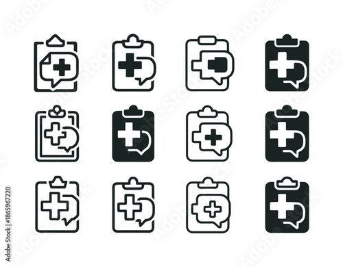 Healthcare Logo Variations. Healthcare consultation. Icon set. Set Logo of Healthcare consultation: medical clipboard. harmonious logo variations of the same