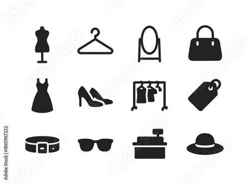 Fashion Boutique Icons. Fashion boutique. Solid icon set of fashion boutique: mannequin, hanger, mirror, bag, dress, shoes, rack, price tag, belt, sunglasses,