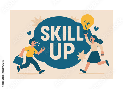 Skill Up Extravaganza. Skill Up banner, flat vector illustration, bold oversized text inside rounded blob, cartoon characters running and shouting around