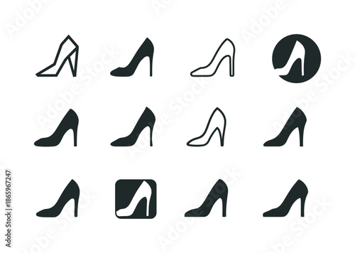 Modeling Logo Icons. Modeling Tips. Icon set. Set Logo of Modeling Tips: high-heel shoe symbolizing posture technique. harmonious logo variations of the same
