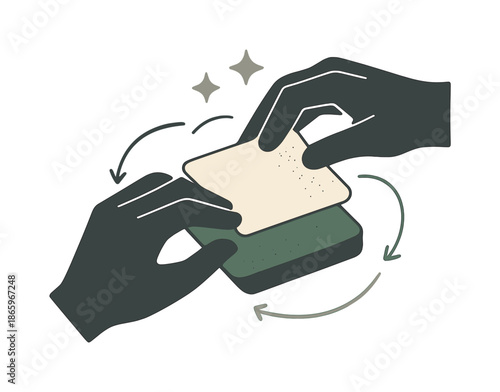 Crafting with Creativity. Working on a craft project. Hands guide materials together, subtle motion curves showing careful assembly. Tiny spark icons indicate