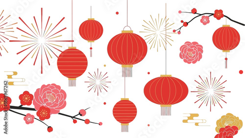 Festive Chinese New Year celebration illustration featuring hanging red lanterns bright fireworks and blossoming plum branches against a clean white background