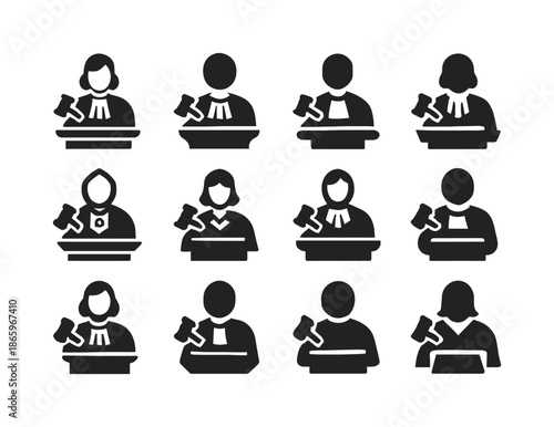 Judge Logo Variations. Judge in Robes Delivering Verdict. Icon set. Set Logo of Judge in Robes Delivering Verdict: judge?s robe collar with emblem. harmonious