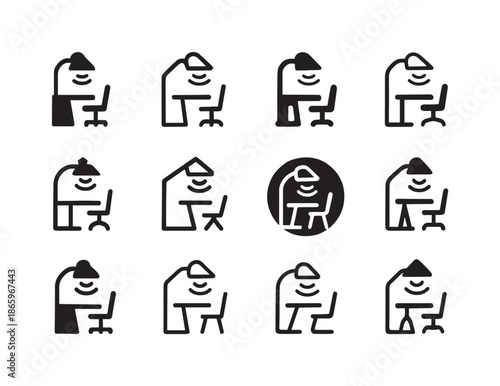 Smart Workspace Icons. Smart Workspaces. Icon set. Set Logo of Smart Workspaces: smart lamp illuminating a workstation. harmonious logo variations of the same