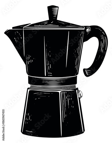 Vintage style hand drawn illustration of Moka pot depicting its classic Italian design for coffee lovers and kitchens