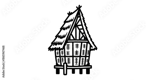 Simple graphic illustration of a traditional wooden hut on stilts with a thatched roof.