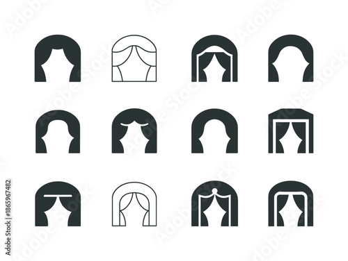 Theater Logo Variations. Theater Performance. Icon set. Set Logo of Theater Performance: theater stage arch. harmonious logo variations of the same emblematic