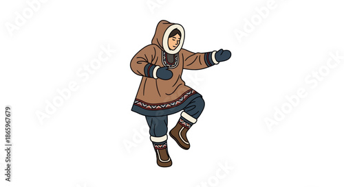 Person in warm hooded parka and gloves dancing or moving.