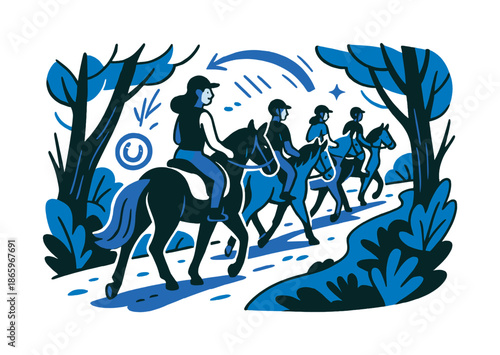 Forest Trail Ride. Trail ride. A group of riders follows a winding forest path, light flickering through trees, hooves softly pressing into earth. Calm,