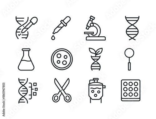 Biotechnology Icon Set. Biotechnology. Line icon set of biotechnology: gene edit icon, lab pipette, microscope, DNA helix, medical flask, cell culture, plant