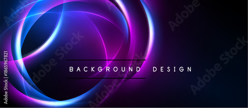 Abstract neon circles overlap dark background. Vibrant purple, blue hues create futuristic visual effect. Text reads background design.