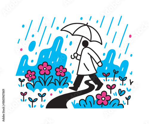 Spring Rain Walk. Spring Rain Garden. Gentle abstract rain falls onto flower beds and soft grass with floating droplets and tiny sprouts peeking up. A figure