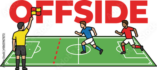 Soccer offside rule concept featuring an assistant referee raising a flag to signal a violation as players run across the pitch, vector illustration.